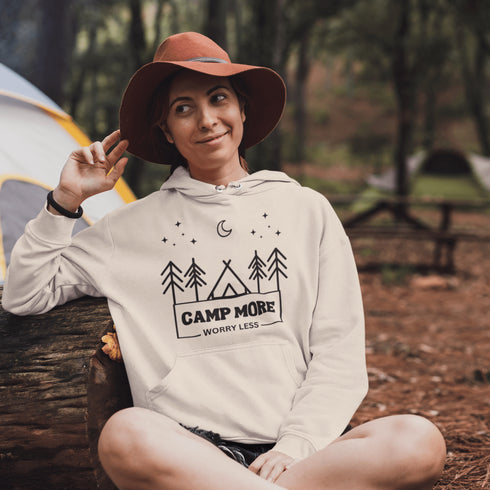 Featuring a camping graphic and the uplifting phrase "Camp More Worry Less," this hoodie is both stylish and practical. Made with high-quality materials, it's soft, comfortable, and built to last.